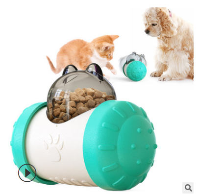 Treat-dispensing wheel toy with clear top, teal-and-white body, and round textured ball
