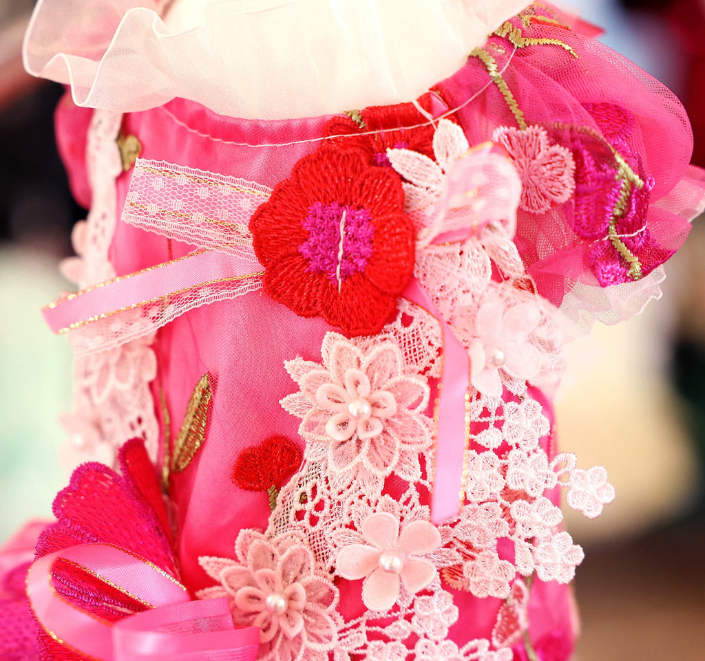Handmade Rosy Bloom Princess Couture Dog Dress – Hot Pink Floral Embroidery Wedding Gown with Long Train