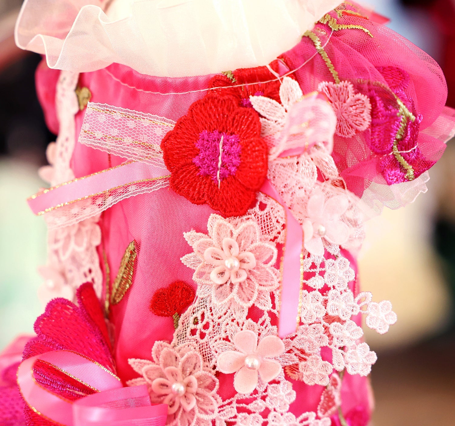 Handmade Rosy Bloom Princess Couture Dog Dress – Hot Pink Floral Embroidery Wedding Gown with Long Train