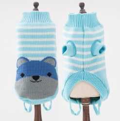 Light blue striped knit pet sweater with bear-face front and hood