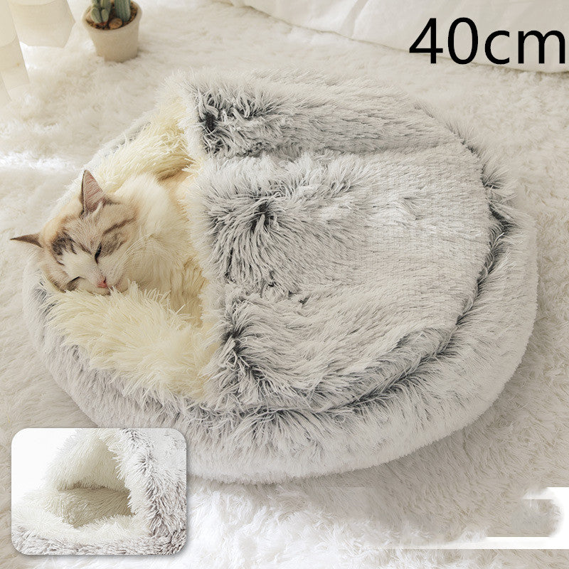 Light grey shag round plush pet bed with darker grey rim and cozy inner nest for cats and dogs.