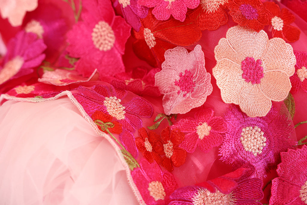 Handmade Rosy Bloom Princess Couture Dog Dress – Hot Pink Floral Embroidery Wedding Gown with Long Train