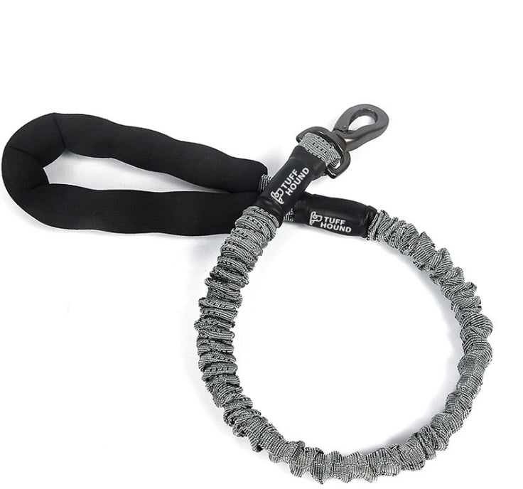Dog rope leash with padded black handle and looped gray bungee line, metal ring