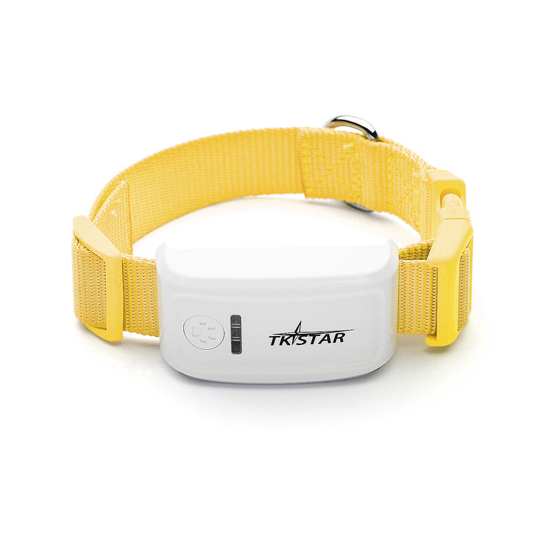 Cat GPS tracker collar with yellow strap and white locator device, adjustable buckle
