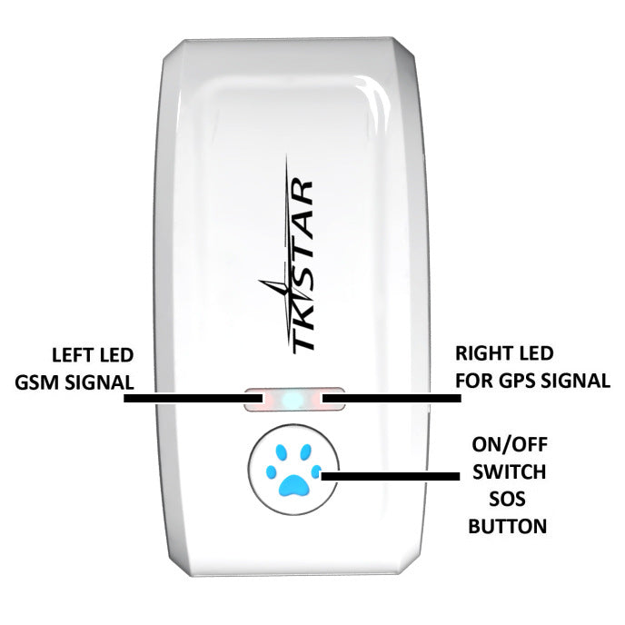 Cat GPS tracker indicator panel with LED labels, GPS/GSM lights and SOS switch