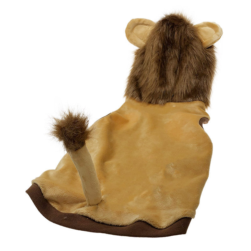Pet lion hood costume with beige fabric, brown ear mane, and brown-trimmed sleeves