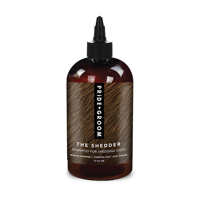 Dog shedding shampoo bottle with black dropper cap, dark amber brown liquid