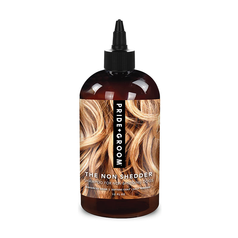 Dog shampoo bottle with black dropper cap, brown bottle and blonde hair label