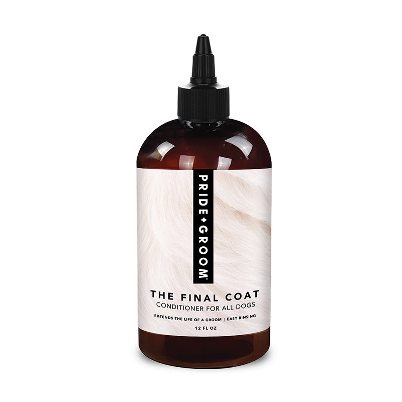 PRIDE+GROOM The Final Coat conditioner bottle with black pump, dark amber and white label