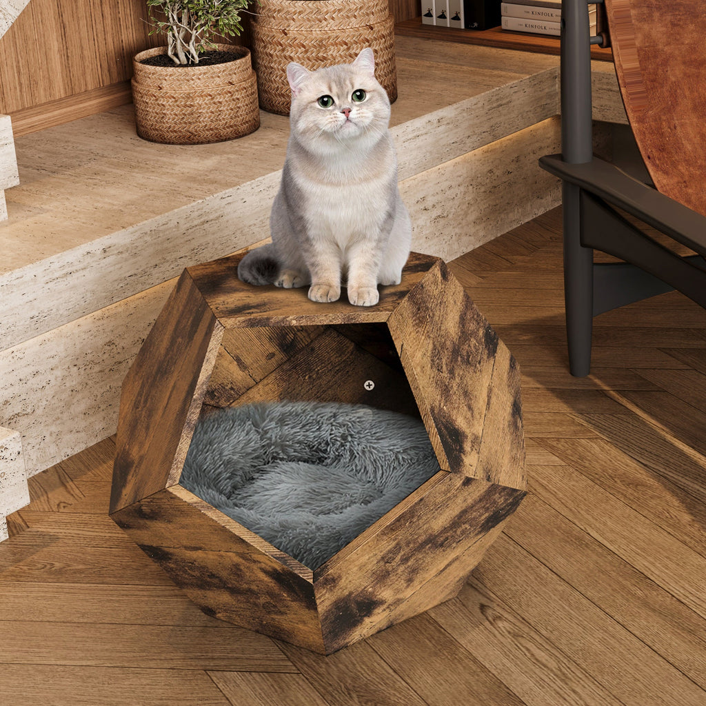 Antique brown MDF hexagonal cat kennel side table with open front and gray cushioned bed