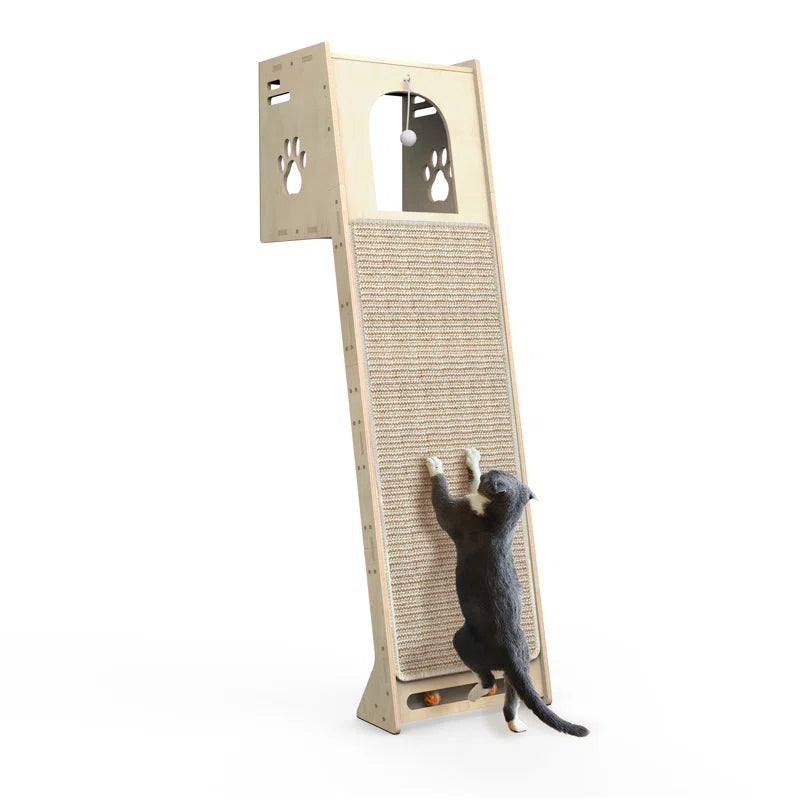 Cat tower with scratching ramp front, top perch cubby, and paw emblem cutouts