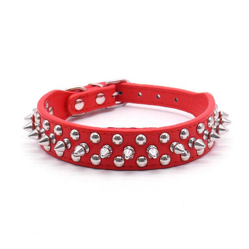 Adjustable red dog collar with silver spikes and studded rivets, loop buckle