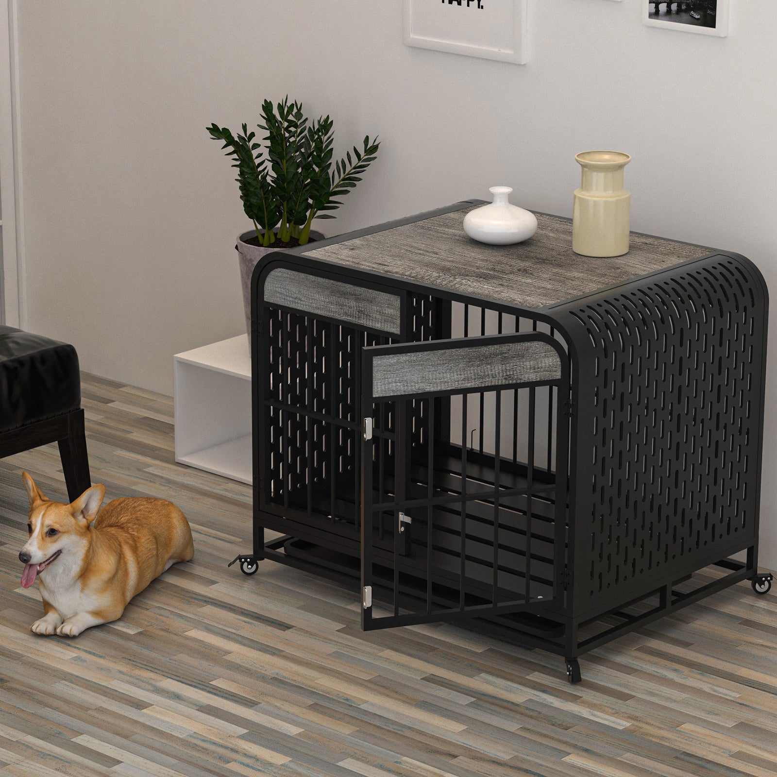Grey dog crate table with front door and curved bar bars, perforated side panels, rolling wheels