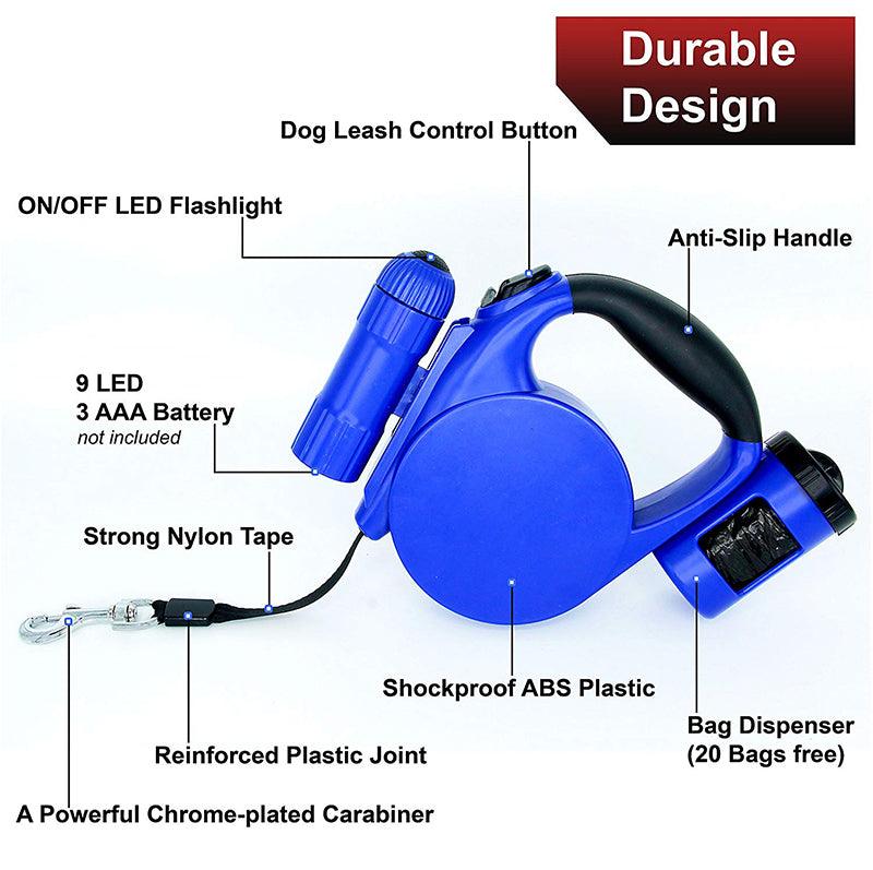 Blue retractable dog leash with control button, zinc hook, and bag dispenser