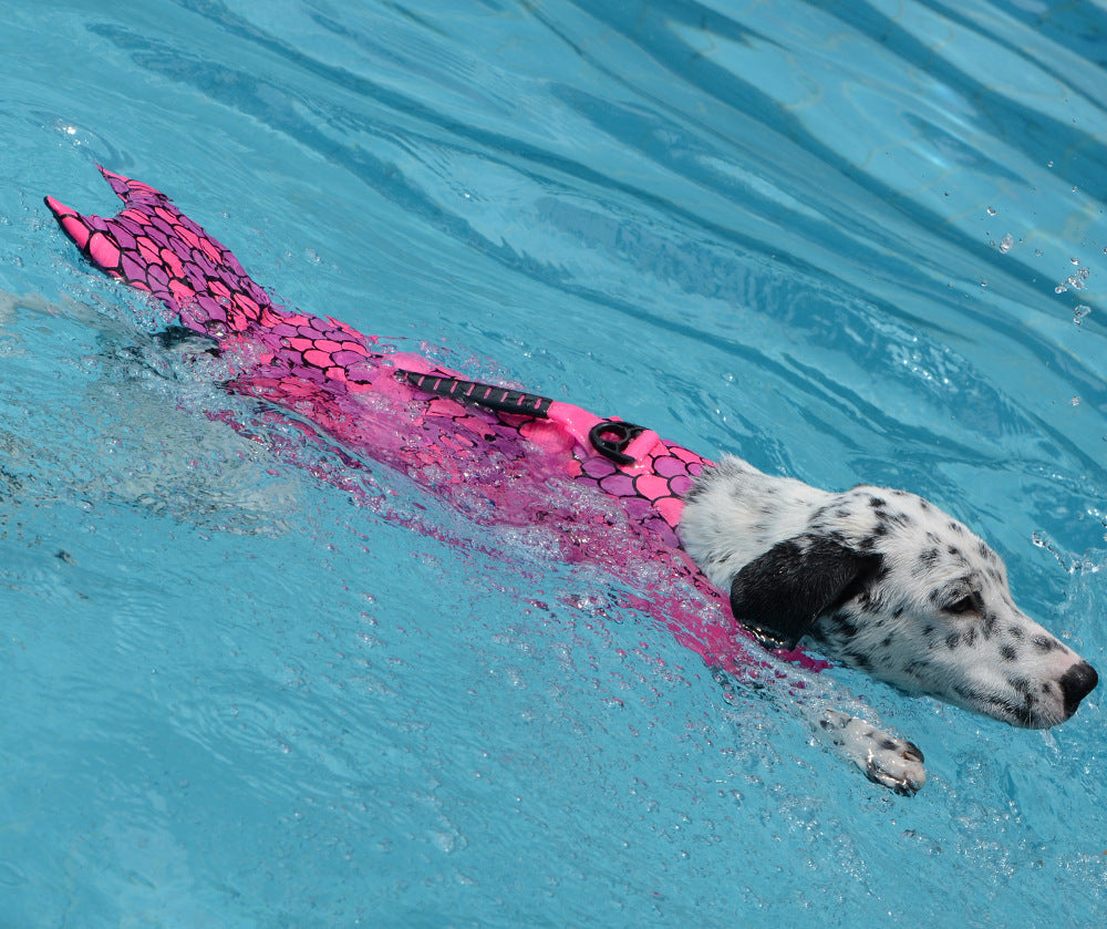 Pink scale-pattern dog life vest for swimming, buoyant body and fin visible
