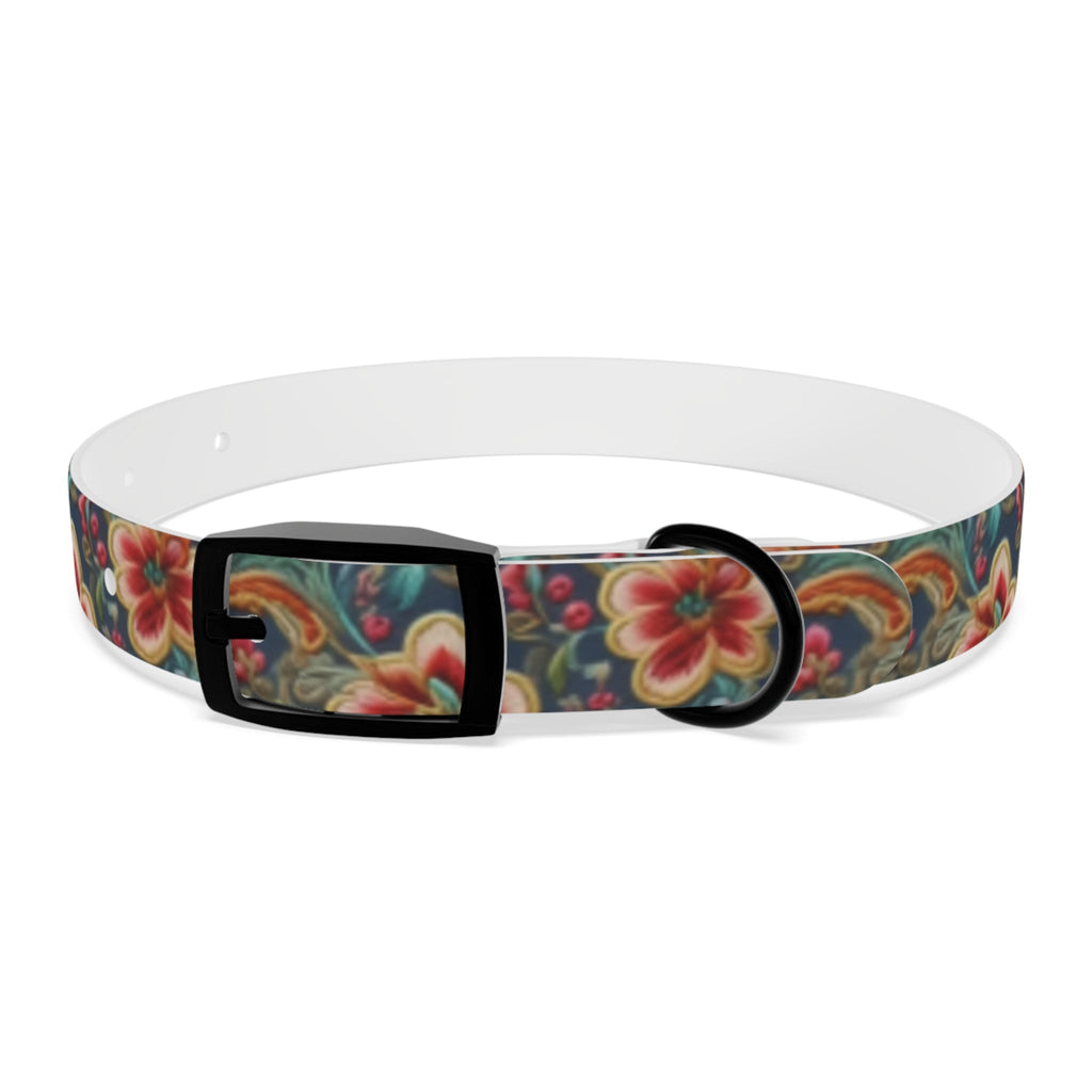 Crimson Blossoms on Teal Vintage Brocade Pet Collar — Waterproof TPU, 4 Buckle Finishes, S–XL
