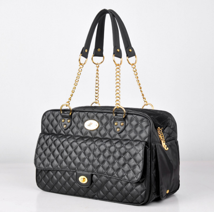 Black quilted pet duffel bag with gold chain shoulder straps and side zipper pocket