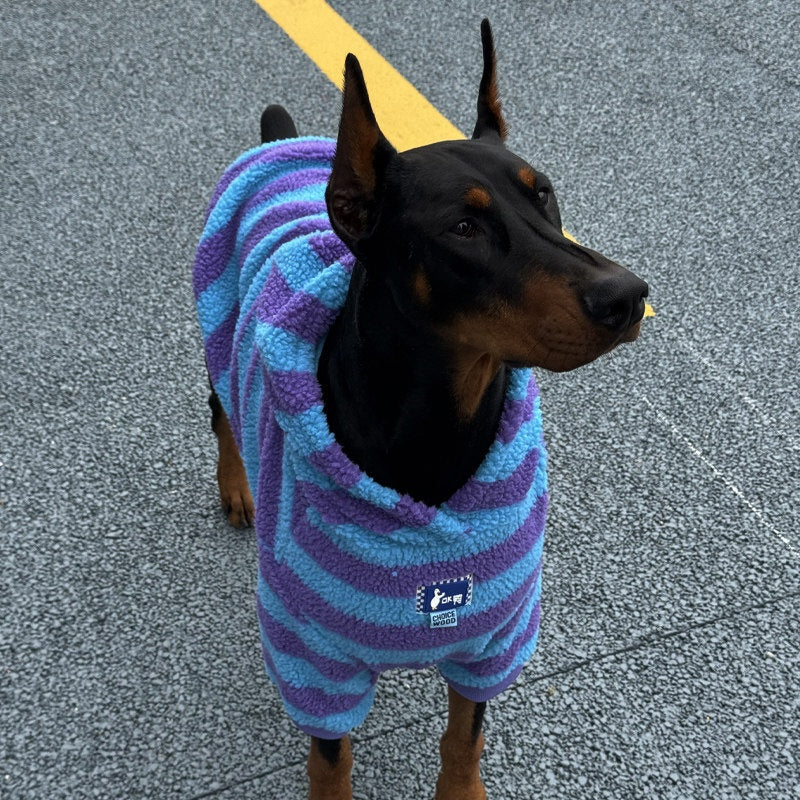 Purple and teal wavy striped dog fleece sweater with hood