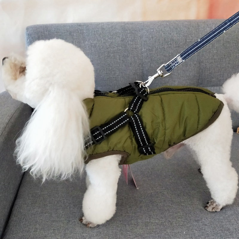 Dog waterproof puffer coat with built-in harness, army green, standing side view