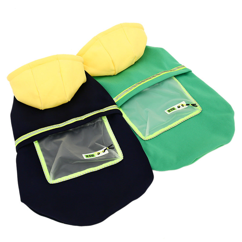 Dog rain-style sweater with green back, black front, and yellow hood