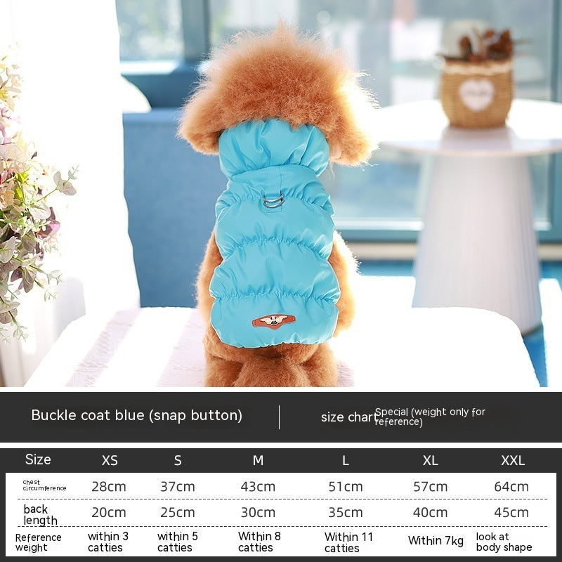 Sky blue cotton dog puffer vest with round buckle strap and small patch logo