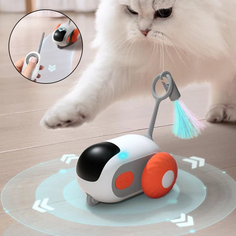 White automatic remote-control cat car toy with orange bumper and dangling brush