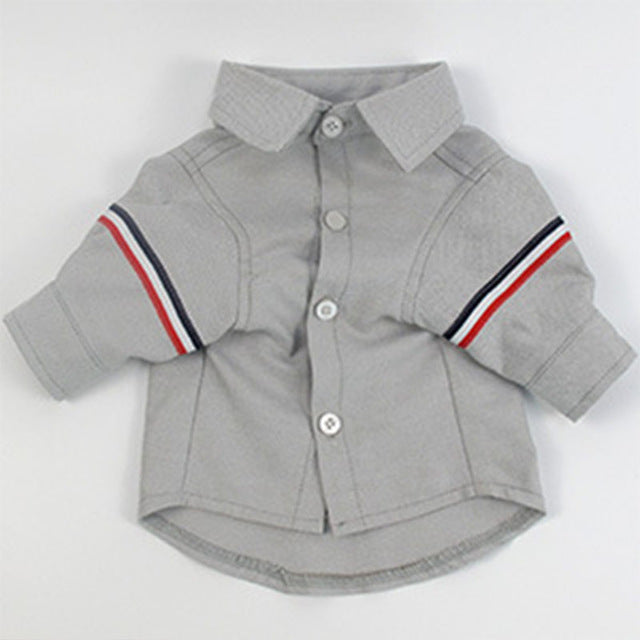 Light gray pet jacket with pointed collar, button front, and striped sleeves