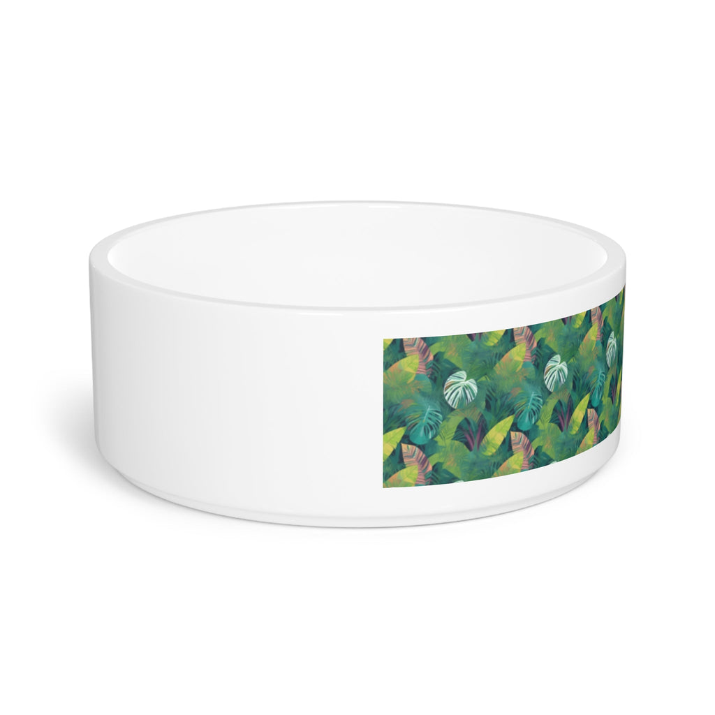 Emerald Canopy Tropical Leaves Pet Bowl — Ceramic, 16oz, Dishwasher-Safe