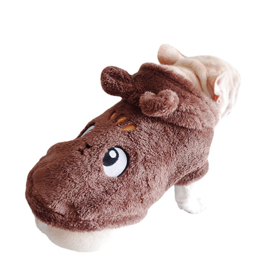 Brown plush pet hooded vest with cartoon animal face on the front