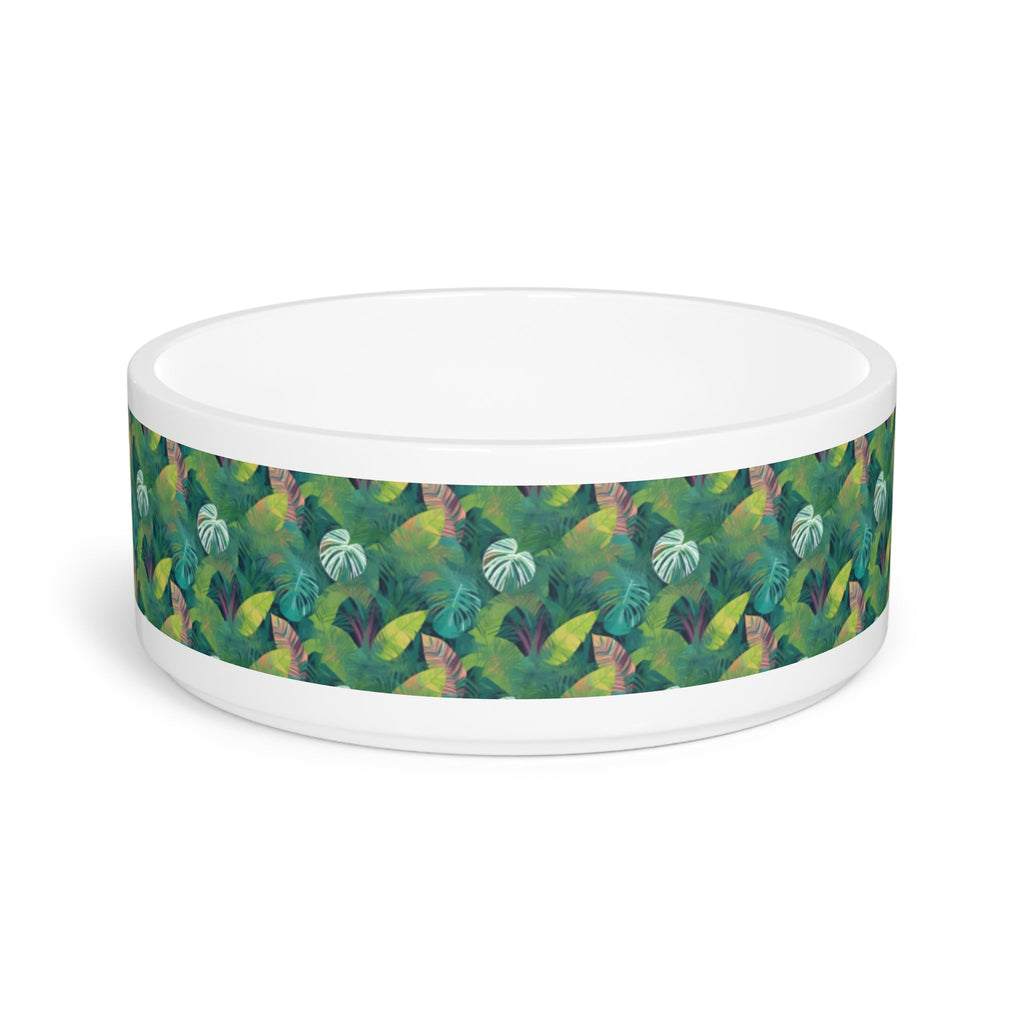 Emerald Canopy Tropical Leaves Pet Bowl — Ceramic, 16oz, Dishwasher-Safe