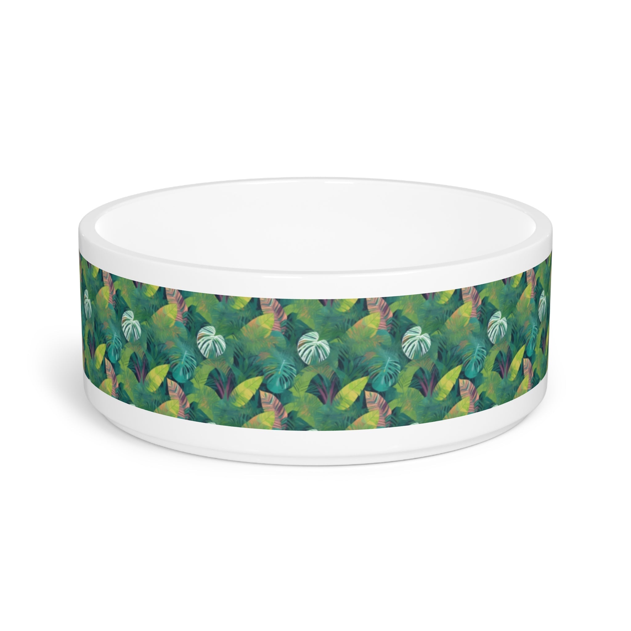Emerald Canopy Tropical Leaves Pet Bowl — Ceramic, 16oz, Dishwasher-Safe