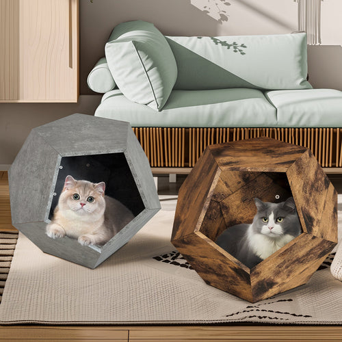 Antique brown and gray hexagon cat kennel side table with open front for a resting cat