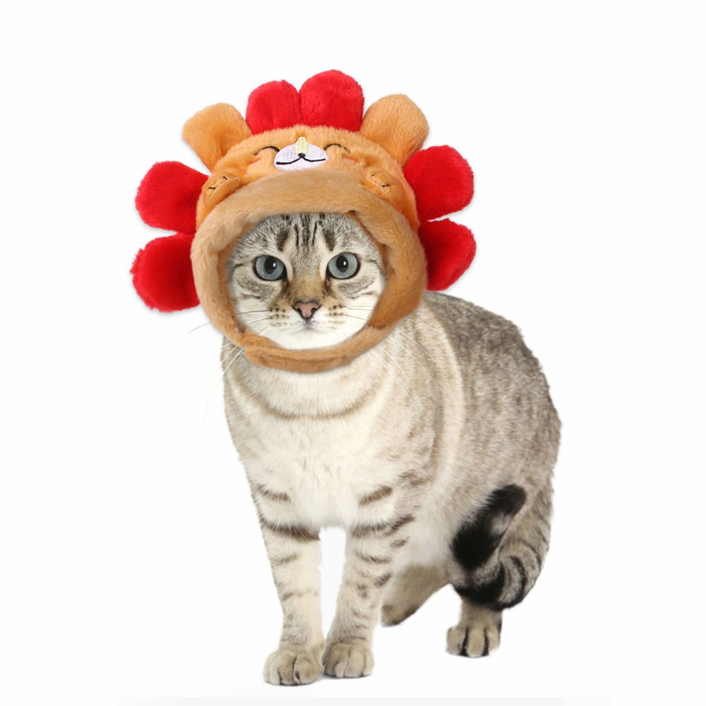 Brown bear costume hood with red pom-poms and stitched face, worn on a cat