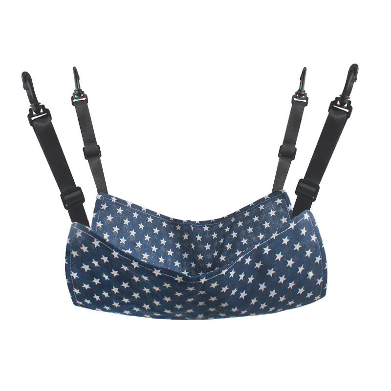 Hanging cat hammock bed with star print, dark blue fabric and light stars