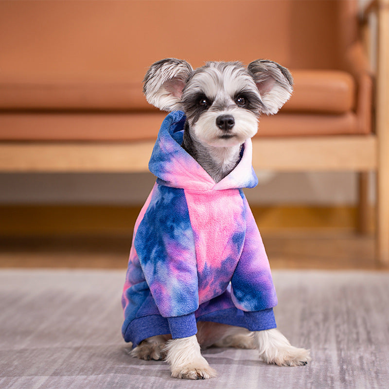 Tie-dye dog hoodie in blue and pink with hood and ribbed blue cuffs