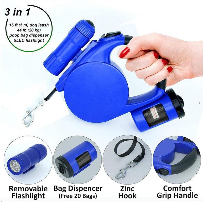 Blue retractable dog leash with LED flashlight and waste bag dispenser, 4.5 m