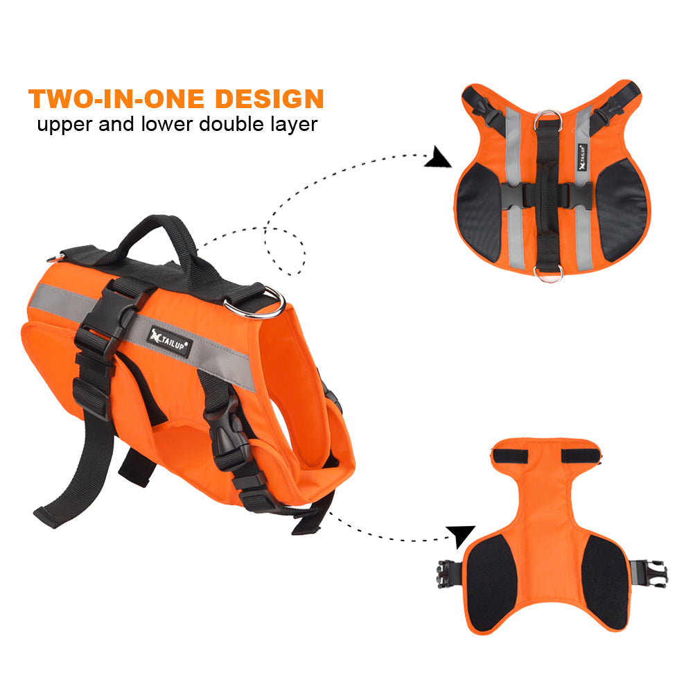 Orange dog life jacket vest with double-layer design, reflective bands, and adjustable straps