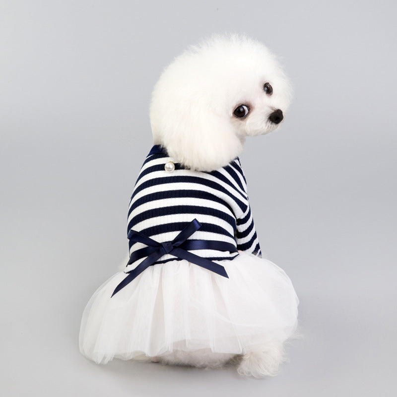 Navy striped pet skirt with white tulle and dark bow at waist