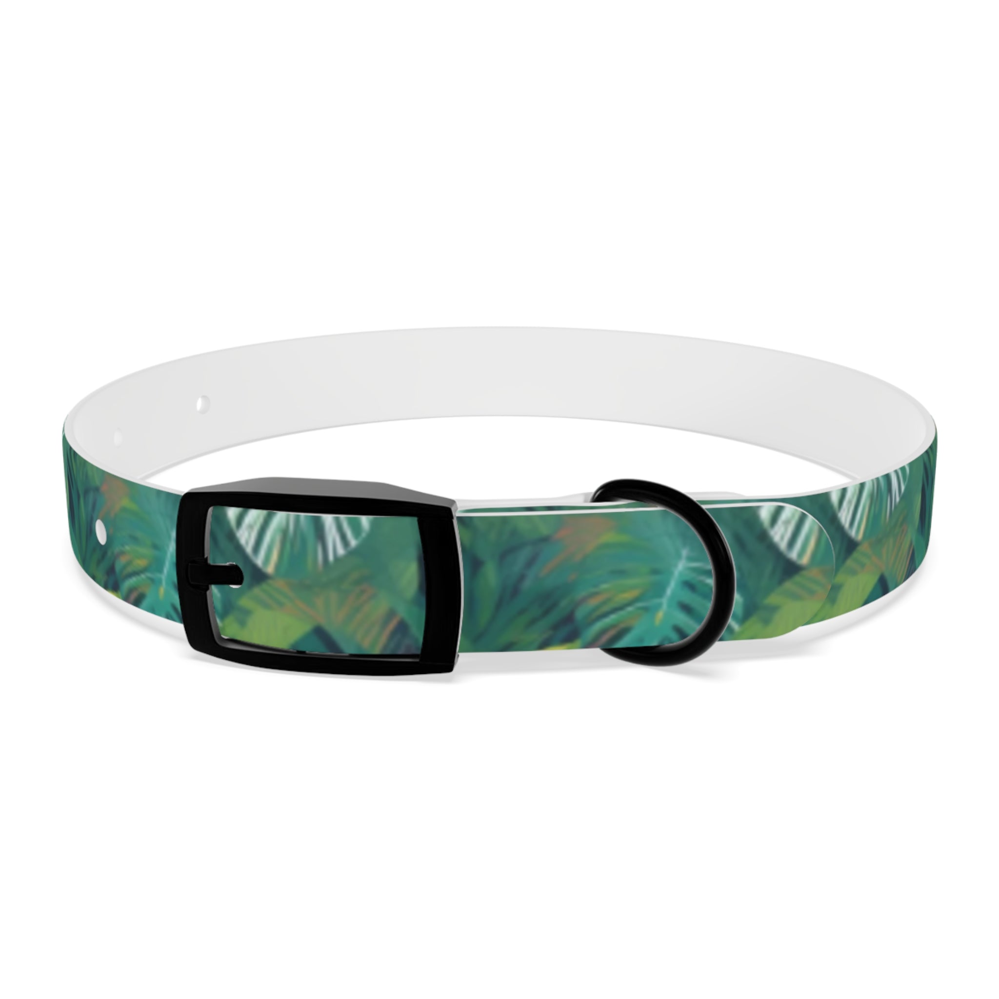 Emerald Canopy Tropical Leaves Pet Collar — Waterproof TPU, 4 Buckle Finishes, S–XL