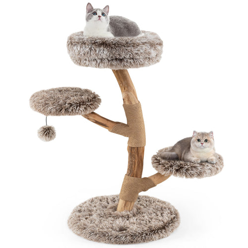 Cat tree with gray plush perches, sisal-wrapped posts, and a hanging ball