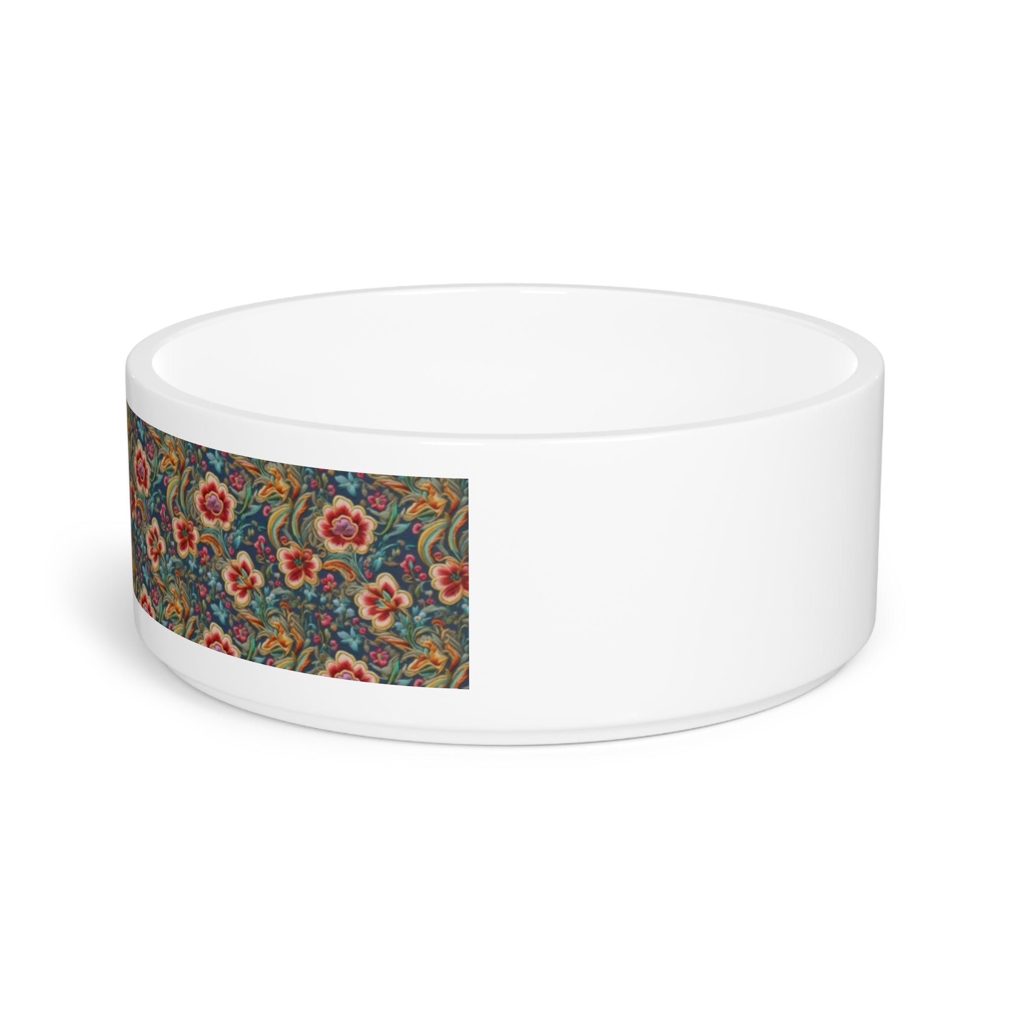 Crimson Blossoms on Teal Vintage Brocade Pet Bowl — Ceramic, 16oz, Dishwasher-Safe