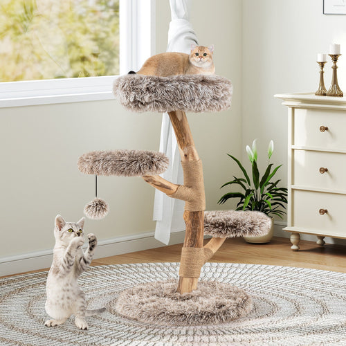 Cat tree with gray plush perches and sisal posts, with a cat on top perch
