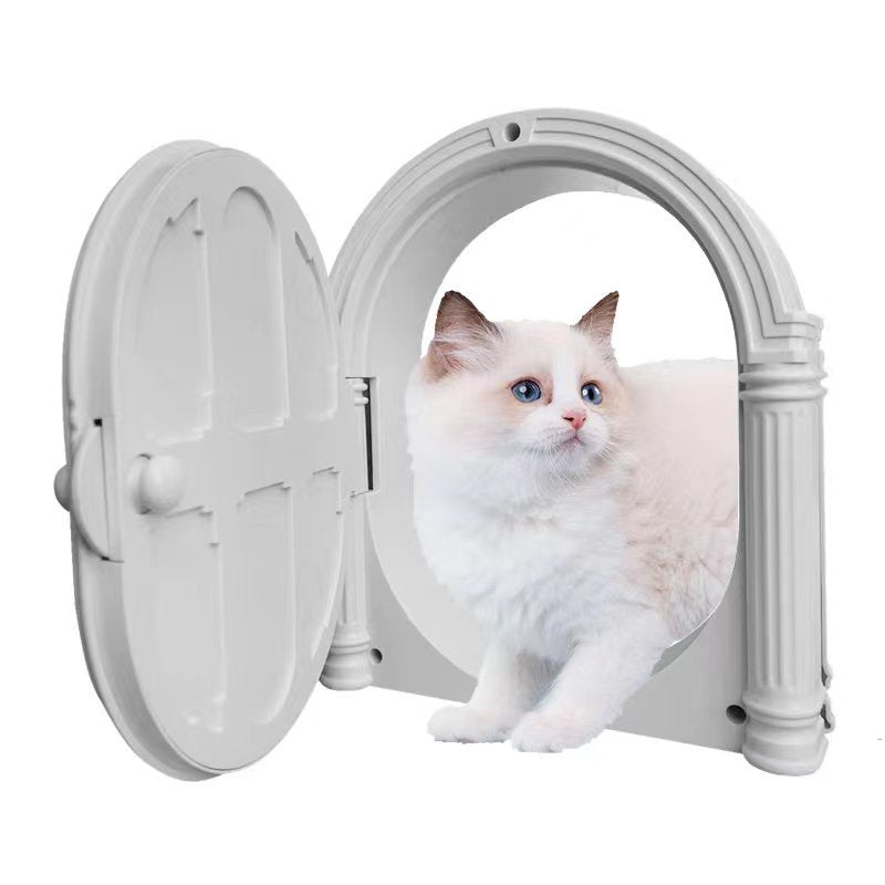 White round pet door with open flap as a white cat sits at the entrance