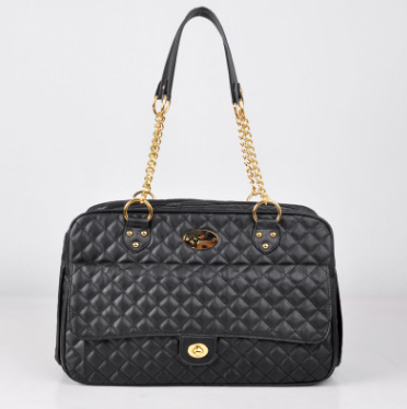 Black quilted pet duffel bag with gold chain handles and front flap pocket