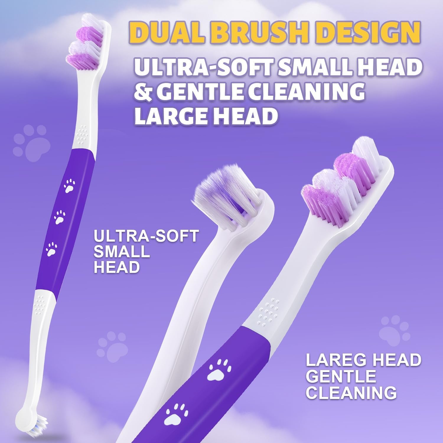 Dual-head dog toothbrush with ultra-soft small head and large gentle cleaning head