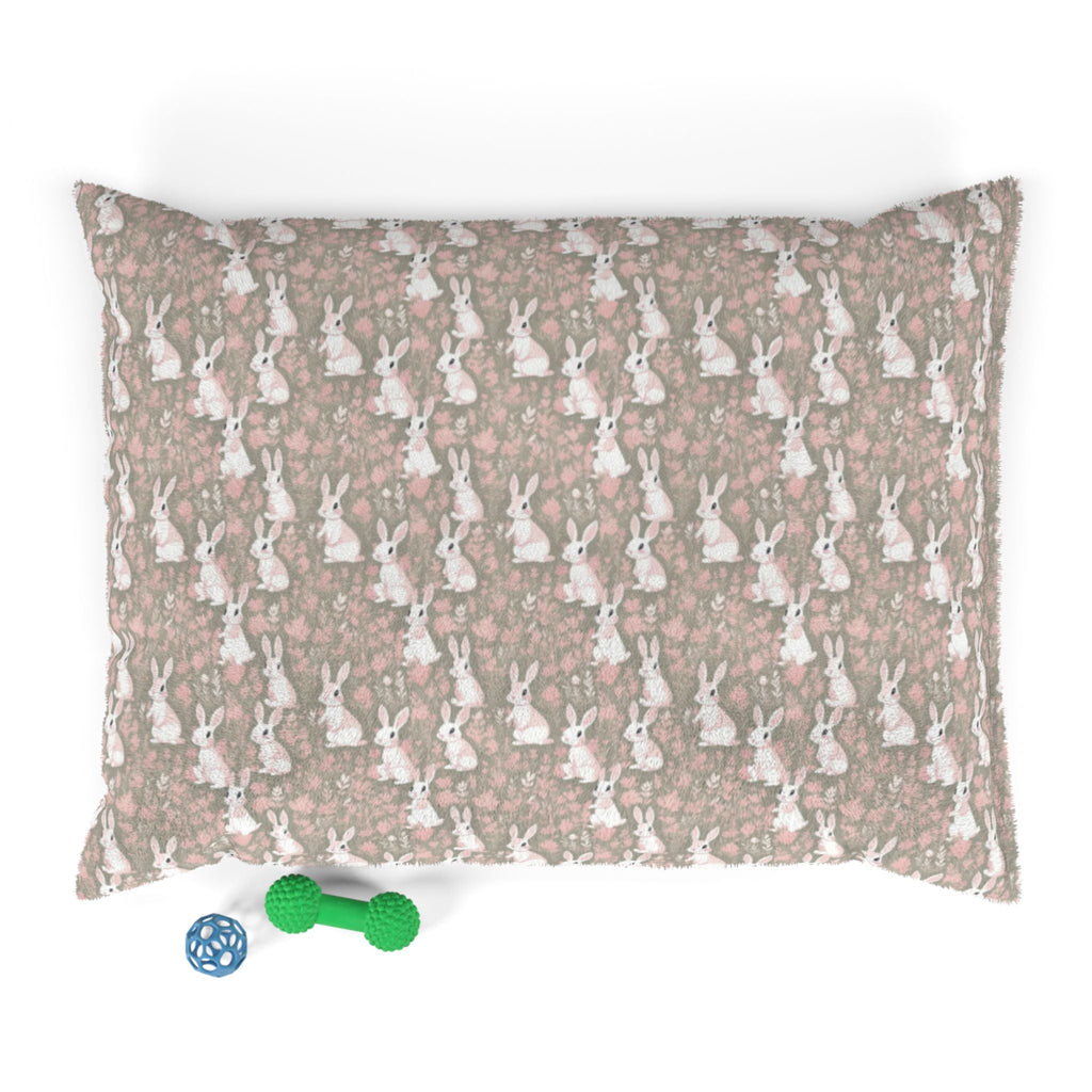 Blushing Meadow Bunny Parade Pet Bed — Coral Fleece, Removable Cover, 40" × 30"