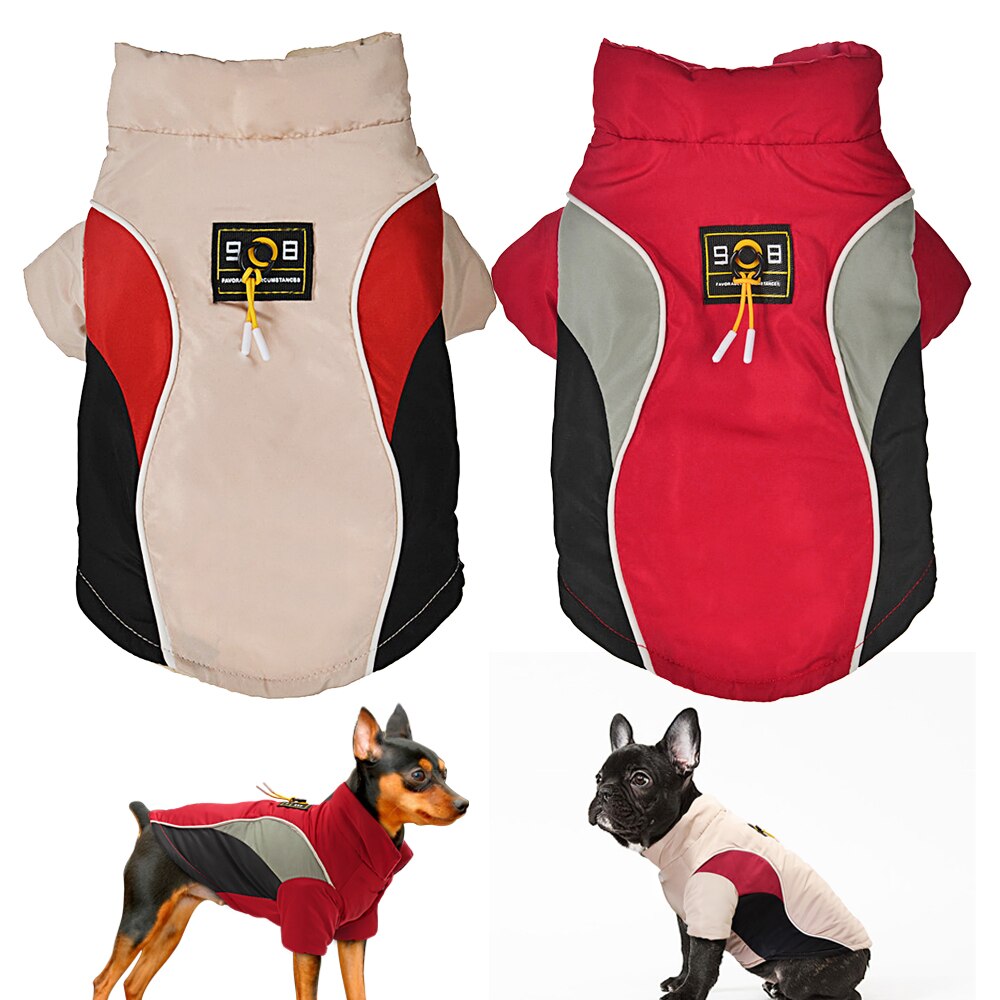 Beige cotton pet top with red and black color-block panels, high neck, logo patch