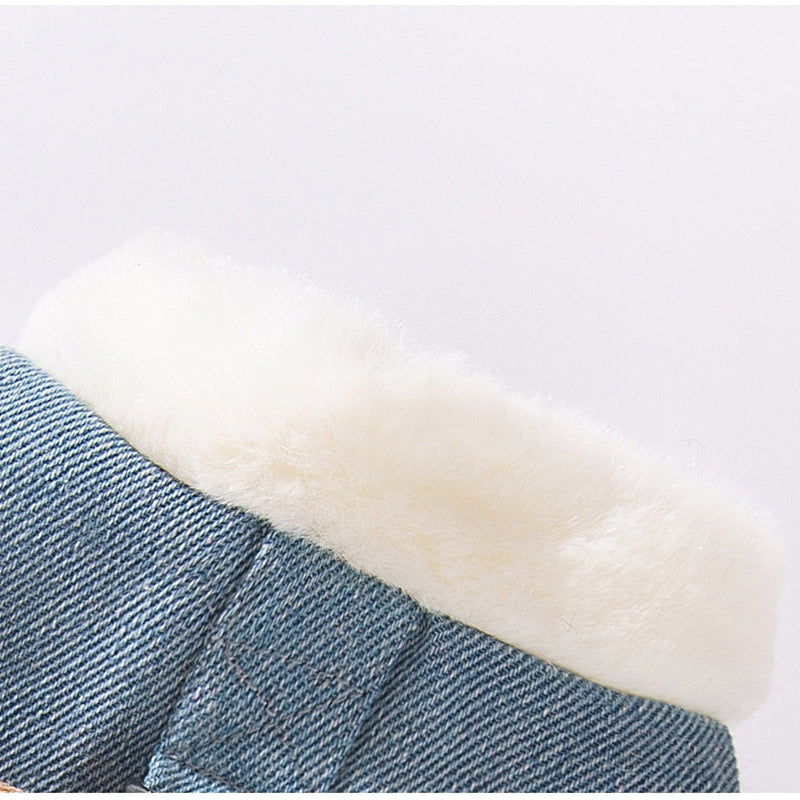 Blue denim pet vest sleeve edge with soft white faux-fur trim