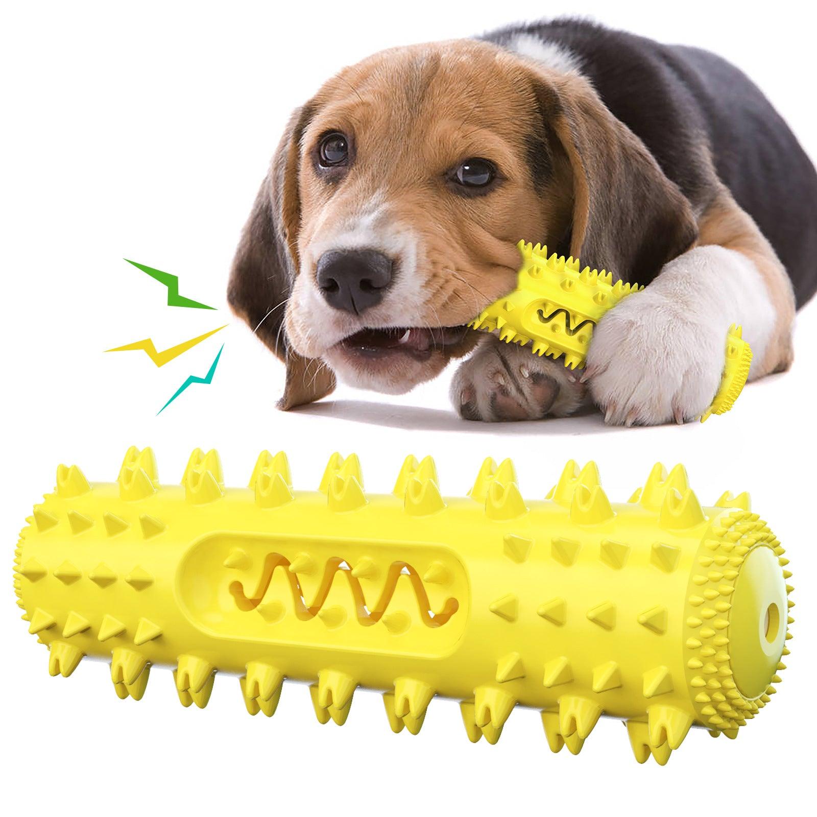Yellow spiked dog dental toothbrush teething toy with ridged cleaning channel