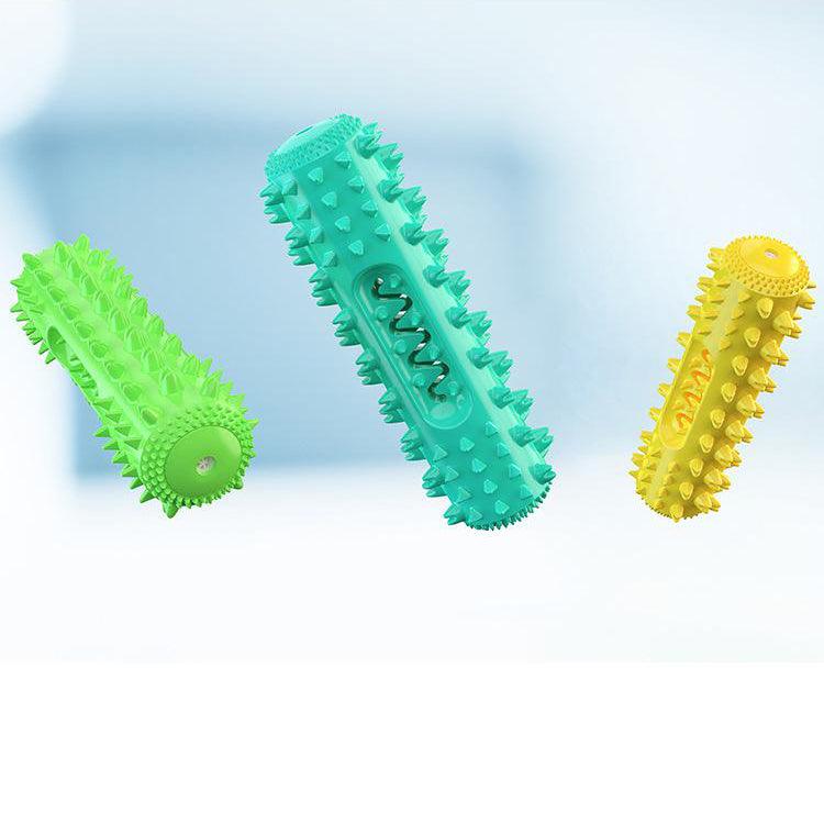 Green and yellow spiked dental toothbrush teething toys with ridged cleaning channel